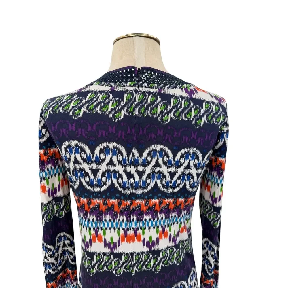 Tory Burch Silk Shift Dress Embellished Geometric Print Studded Neck XS